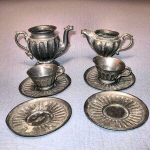 ANTIQUE CHILD'S PEWTER TEA SET, DOLL TEA PARTY SET OVER 100 YEARS' OLD